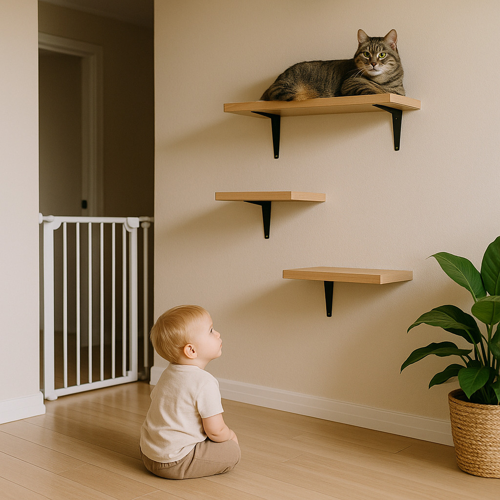 bezopasnost-vysoty-koshka-na-polkah-rebenok-nablyudaet